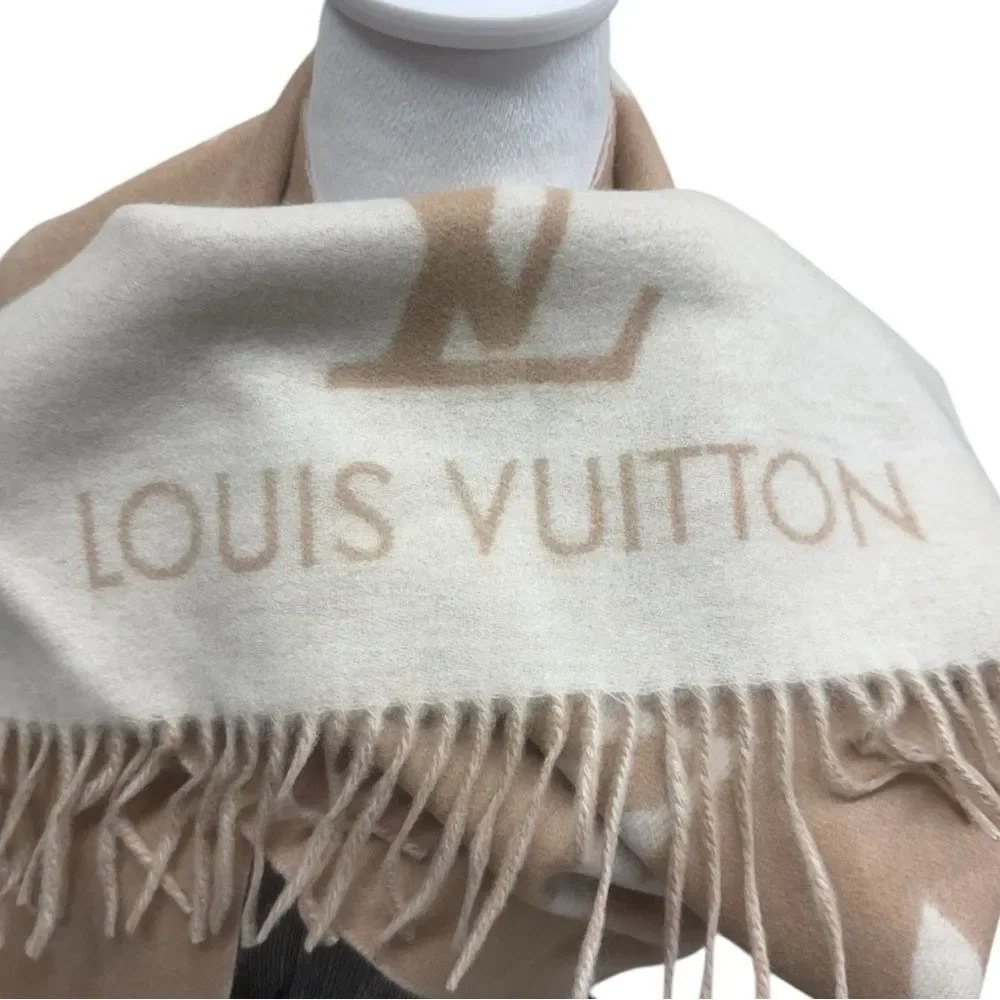 NWT Louis Vuitton Cream & Sable Brown 100% Cashmere M76067 LV Monogram Scarf